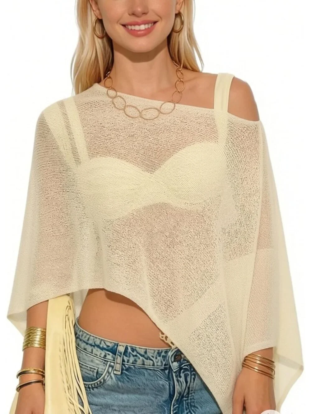 Women's Sheer Yellow Lightweight Knit Crochet Shrug Bolero Mesh Batwing Cover Up